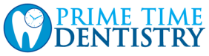 Logo for Prime Time Dentistry featuring a blue and white design. A tooth with a clock overlay appears beside the text, conveying dental care and timeliness.